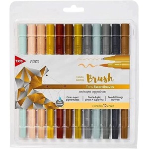 Hidrocor Ponta Dupla Pincel + Superfina Vibes Sketch, Tris- Scandinav - Colorido (12 Cores)