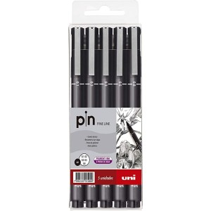 Caneta Técnica Pin Fine Line, Uni-Ball, Preta, Estojo c/5 unidades (0.1, 0.2, 0.3, 0.5 e 0.8 mm)
