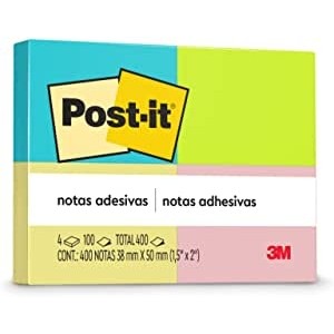 Blocos de Notas Adesivas Post-it Neon 4 cores - 4 Blocos de 38 mm x 50 mm - 100 folhas cada Variedade de cores