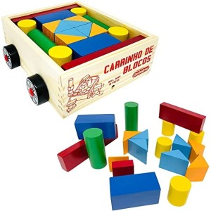 Carrinho De Blocos de Montar Geométrico Em Madeira Carimbras